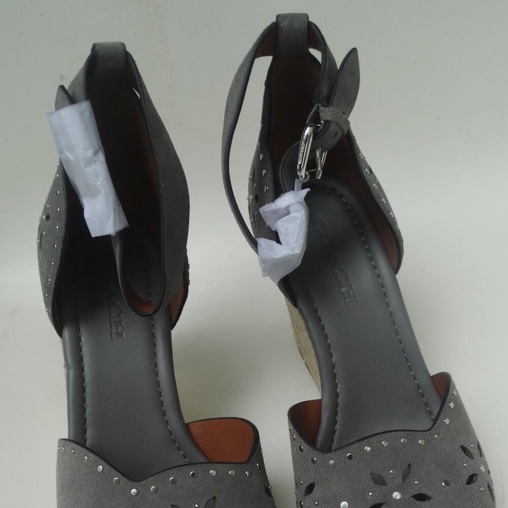 NEW COACH Size 10 Kelsi Wedge Espadrille Sandals Heathered Gray Suede Studded - Picture 2 of 7